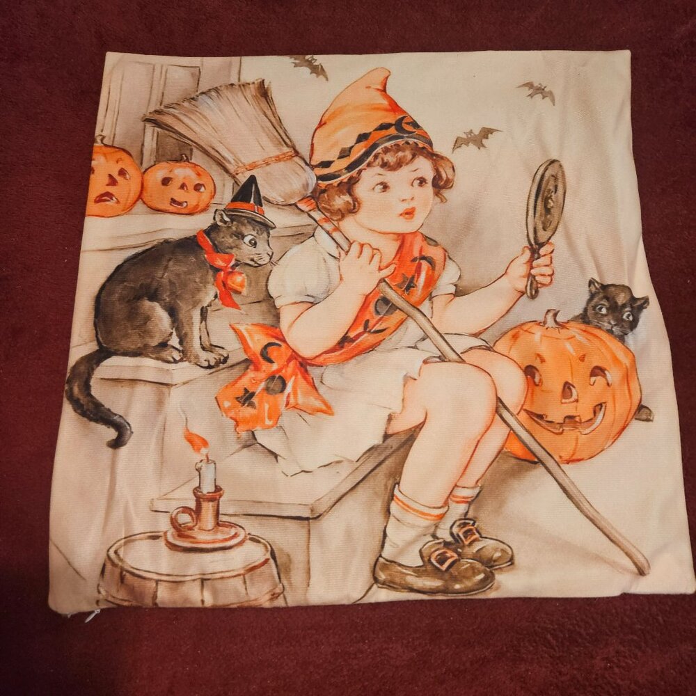 vintage halloween illustration halloween spirits by Florence Pearl pillow case